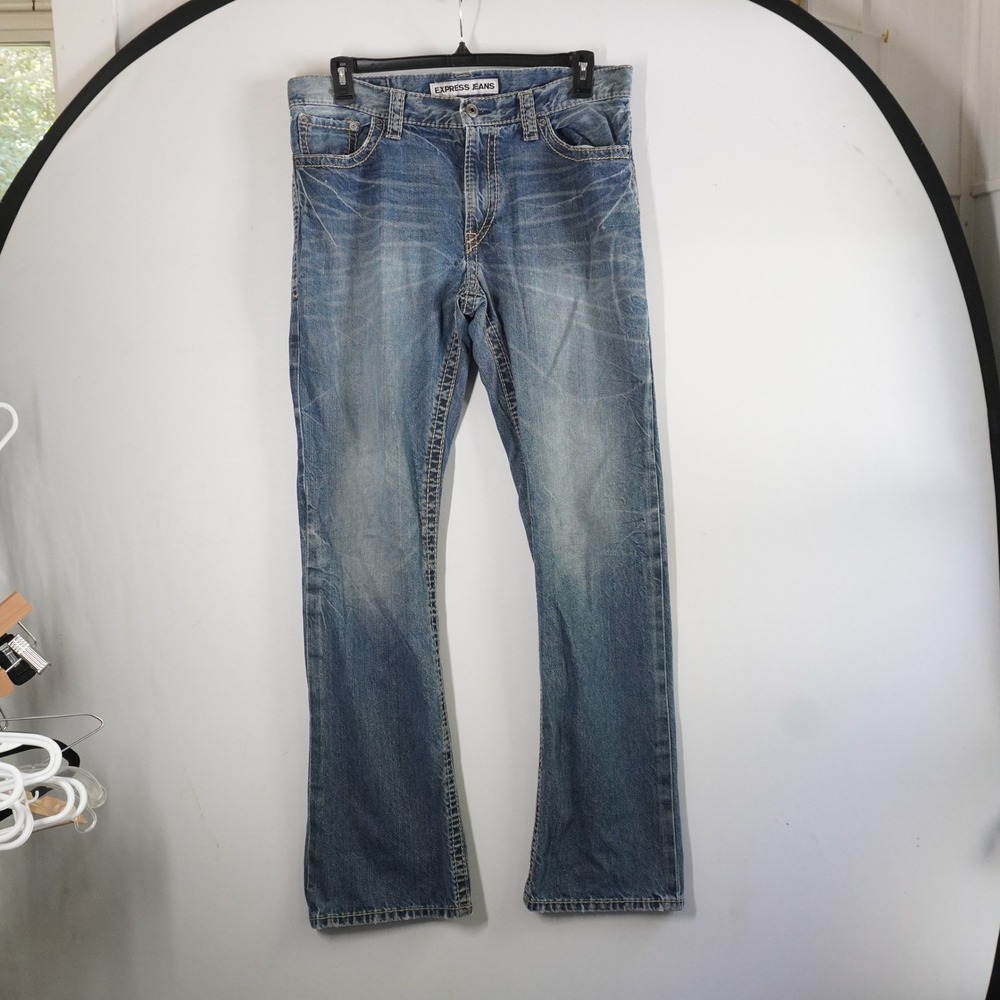Express Jeans Kingston Classic Fit Boot Cut Denim Distressed Blue Mens